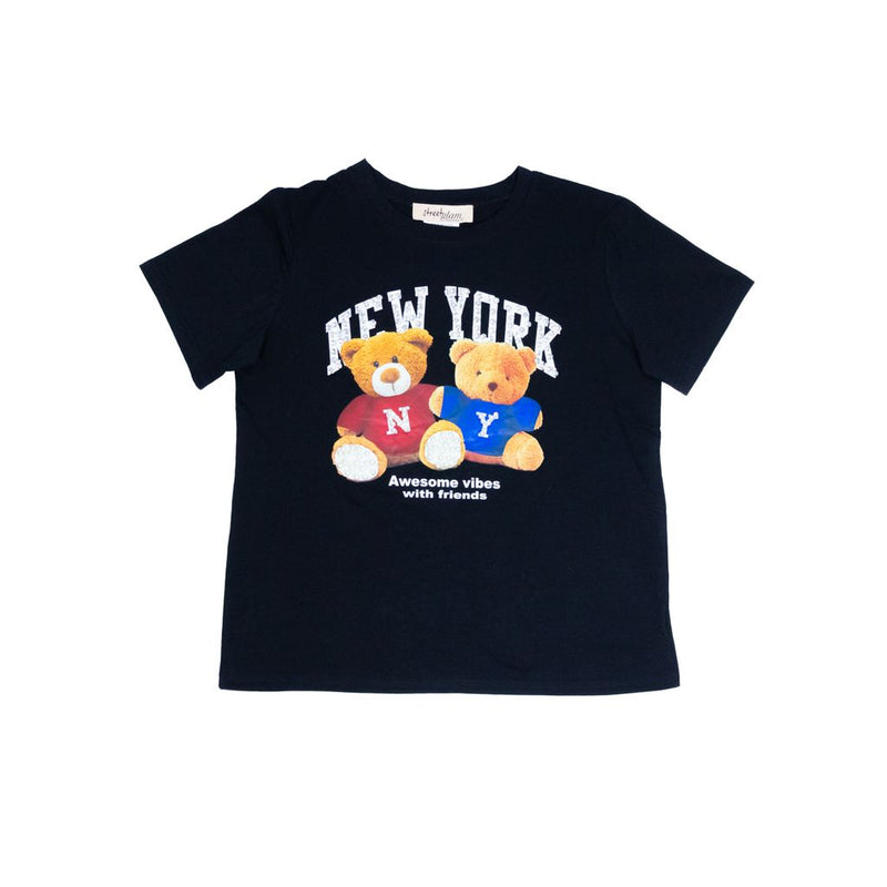Playera manga corta STREET GLAM aplicación de brillos y estampado teddy bear para dama