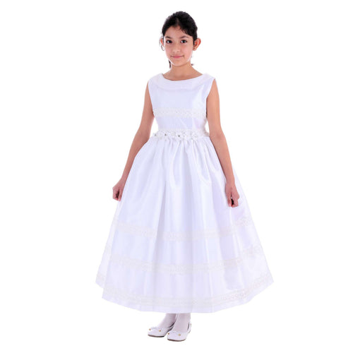 Vestido de primera comuniòn MUÑEQUITAS cuello de ovalo y cinturon de flores desmontable para niña