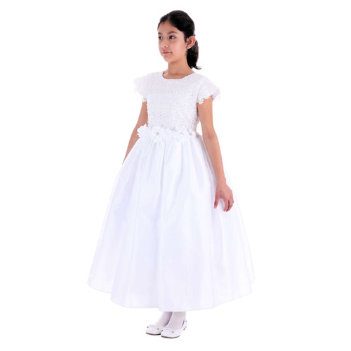 Vestido de primera comuniòn MUÑEQUITAS pechera forrada de guipiur margaritas y falda lisa  para niña